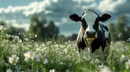 A cow chewing cud in a serene farm setting, surrounded by blooming flowers