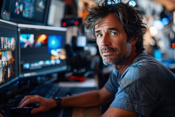 A dedicated individual is focused on editing content in a bustling studio filled with multiple screens, showcasing various clips and creative projects, emphasizing a dynamic work environment