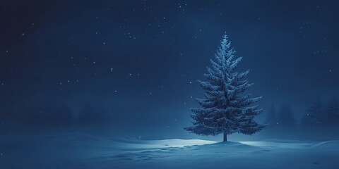 winter night snowy forest with Christmas tree and full moon.