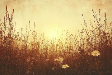 Fototapeta premium Silhouetted Wildflowers Against a Golden Sky with a Vintage Texture