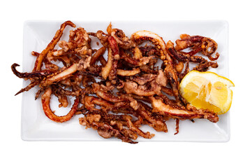 Fried spicy tentacles squid served on white plate with potatoes, lemon slices. Isolated over white background