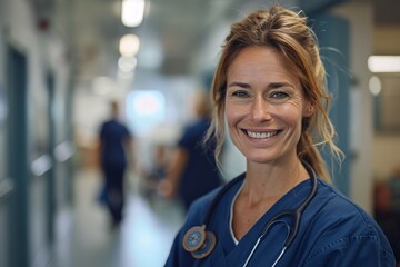 Obraz premium A nurse in blue scrubs stands confidently in a hospital corridor, smiling brightly. Behind her, healthcare professionals tend to patients, reflecting a vibrant and dynamic healthcare environment