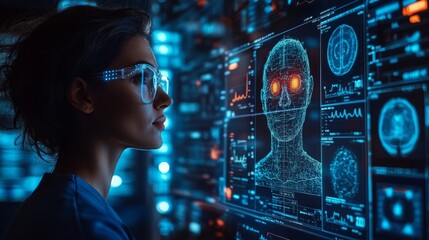 AI avatar interaction in a futuristic health technology environment at night