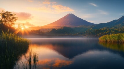 Obraz premium Beautiful dormant volcano range with a lake in the foreground. The sun is setting, casting a warm glow over the scene