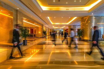 Create a dynamic long exposure image of business individuals moving quickly through a well-lit lobby