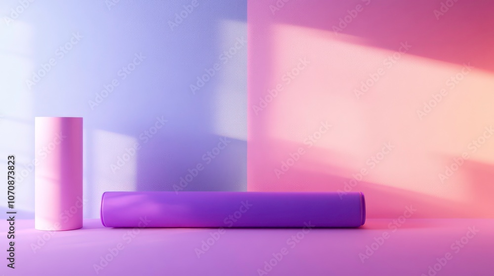 Poster a minimalist composition featuring cylindrical shapes in soft pastel colors and shadows.