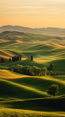 rolling green hills tuscany landscape at sunset with trees