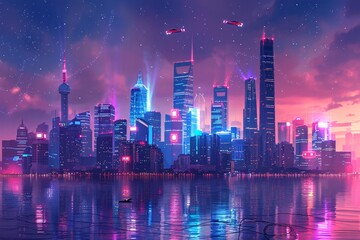 A captivating skyline showcases towering skyscrapers illuminated in bright colors during sunset. Flying vehicles glide above as reflections dance on the tranquil water below the city