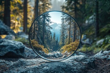 A Round Reflection of a Forest Path with Mountains in the Distance