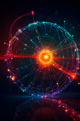Fototapeta premium AI, complex circular computer network of interconnected nodes with red and blue data lines flowing between them