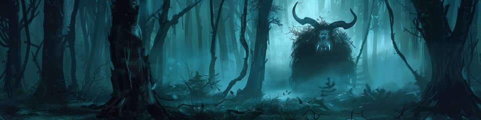 monster with horns in the night forest.