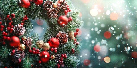 Obraz premium A vibrant Christmas wreath adorned with red ornaments and pine cones. It captures the holiday spirit beautifully. Perfect for festive decorations or seasonal celebrations. AI