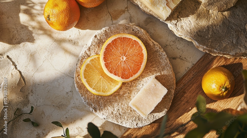 Poster a plate with a slice of orange and a slice of lemon on it