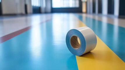 A roll of white tape on a colorful floor, suggesting maintenance or marking purposes.