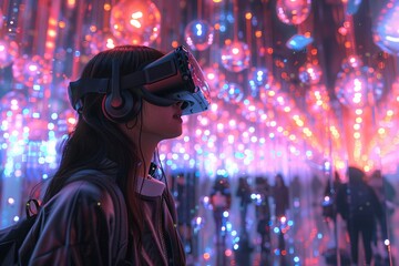 Obraz premium A person wearing a virtual reality headset explores an immersive environment filled with colorful lights and reflections. The atmosphere is energetic and captivating, highlighting modern technology