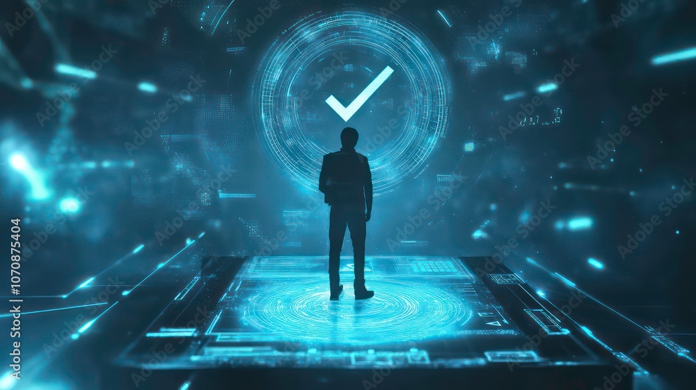 Poster Man standing on a glowing blue platform with a check mark, digital box and tablet.