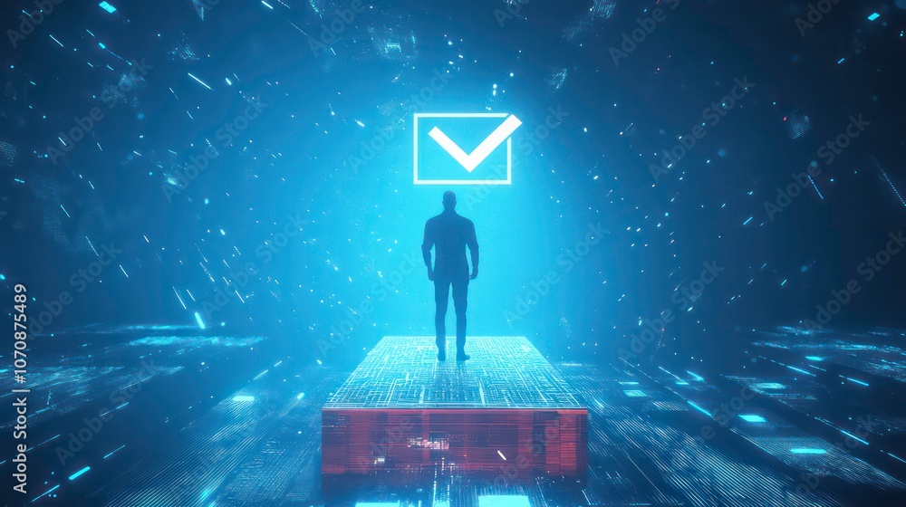 Poster a silhouetted figure stands on a platform, illuminated by a glowing checkmark in a digital space.
