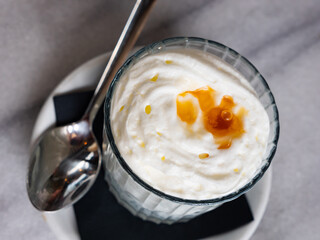 Airy yogurt foam with honey - sweet delicious dessert