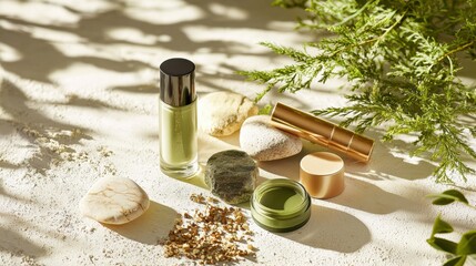 A collection of makeup and skincare products are displayed on a table