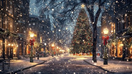 A picturesque street scene with a large, decorated Christmas tree, festive lights, and snow gently falling, creating a warm and joyful holiday atmosphere.