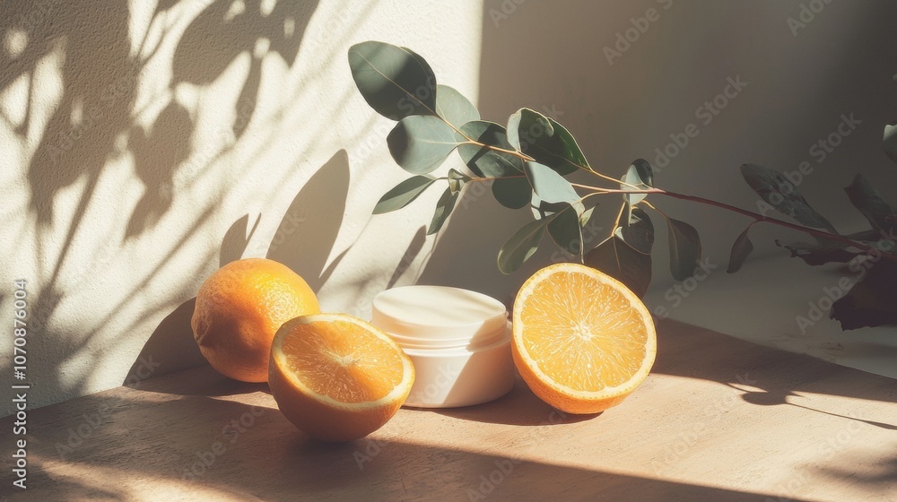 Poster a table with a white container and two oranges
