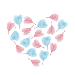 Watercolor colorful feathers heart. Love feathers clip art perfect for card and invitation making, wedding card, T-shirt, posters, prints.