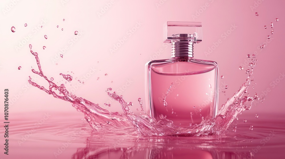 Poster Luxury pink liquid perfume bottle with splashes against a pink background. Copy space image. Place for adding text and design