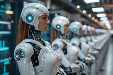 Fototapeta premium In a futuristic setting, sleek humanoid robots with glowing features stand in line, showcasing cutting-edge technology in modern manufacturing