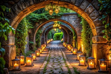 Fototapeta premium Enchanting Long Exposure Scene of a Romantic Pathway Illuminated by Candle Lanterns Beneath a Stone Archway, Perfect for Capturing the Essence of Love and Tranquility