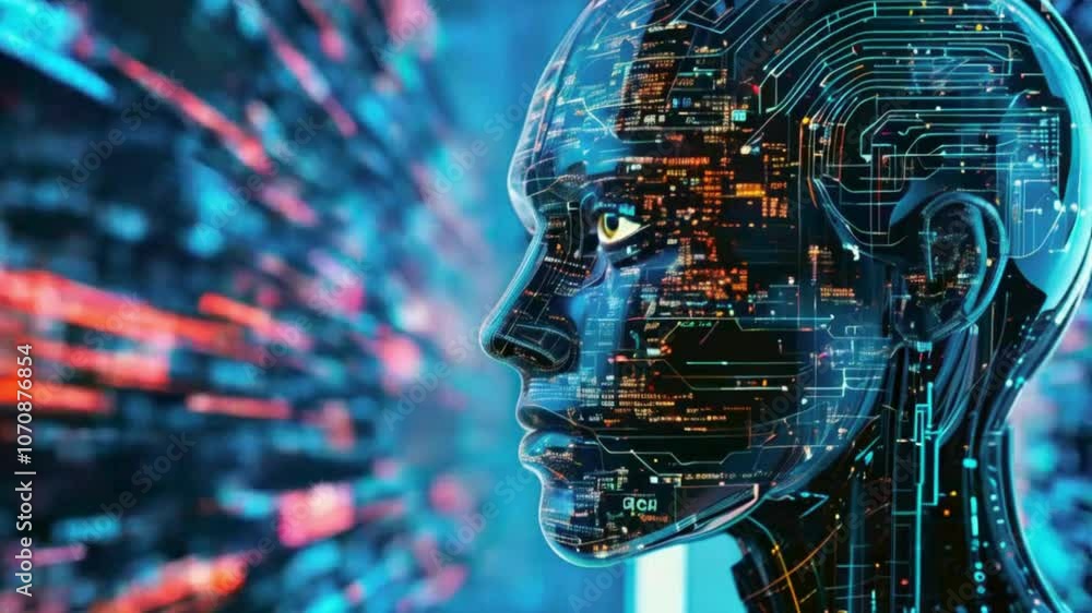 Poster a digital representation of a human head with circuits and data patterns, symbolizing artificial int