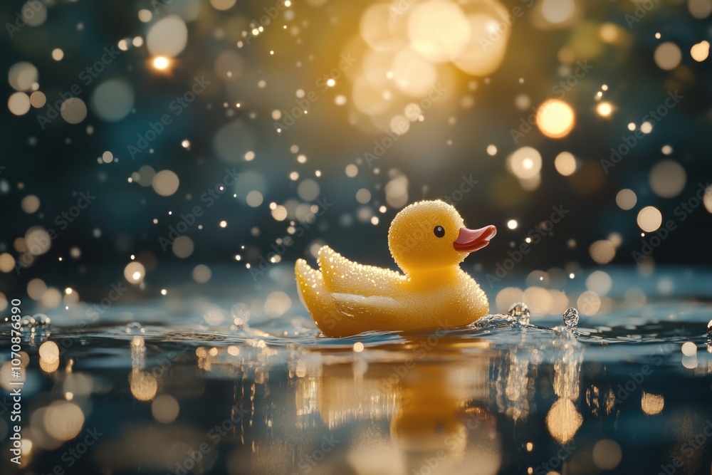 Poster a bright yellow rubber duck floats on the surface of calm water, perfect for adding a touch of whims