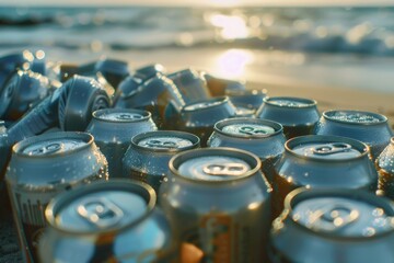 A collection of cans sits atop a sandy beach, awaiting disposal or reuse