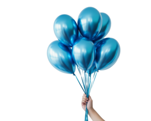 metallic blue chrome bunch of balloons held with hand, png, transparent background