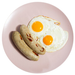 Homemade hearty breakfast - fried eggs with frankfurter sausages.. Dish is decorated by spring of dill parsley. Isolated over white background