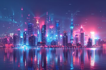 The city skyline is alive with vibrant neon lights from towering skyscrapers, casting colorful reflections on the still waters below. The lively atmosphere captures the essence of urban nightlife