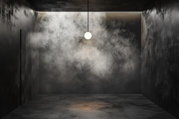 A minimalist-style dark room with smoke texture the walls and a solitary light fixture, showcasing