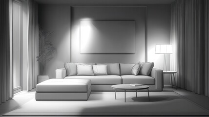 Fototapeta premium A modern, stylish living room featuring a light sofa, coffee table, and soft lighting, creating a cozy, minimalist ambiance.