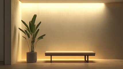 A minimalist interior featuring a wooden bench beneath soft lighting, complemented by a potted plant against a light-colored wall.