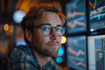 A young man focuses intently on stock market trends displayed on several screens in a dark office. The warm lighting creates a concentrated atmosphere for his analytical work