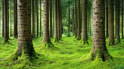 Fototapeta premium A serene forest scene with tall trees and lush green moss covering the ground.