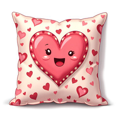 Embrace the joy of love with this adorable heart themed pillow design overflowing with cheerful vibes and warmth, digital illustration of character design concept.