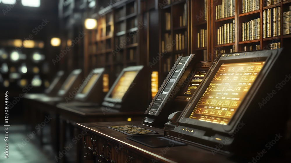 Aufkleber library card catalog with digital screens integrating traditional and modern information access
