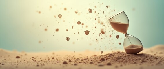 A surreal image showing a broken hourglass with grains of sand scattered in mid-air, carried by an invisible force.