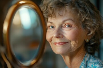A woman looks at her reflection in a mirror, self-aware and introspective
