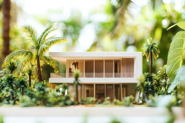 Fototapeta premium A 3D model of a cozy house in a lush tropical setting, perfect for travel or adventure themed projects