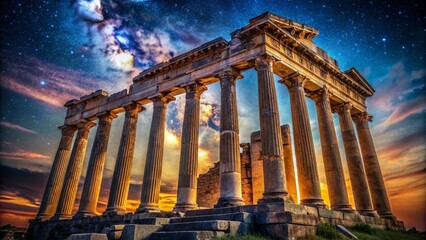 Obraz premium Enchanting Night at the Roman Temple: A Breathtaking View of Ancient Architecture Under the Stars with Luminous Lighting and Mystical Atmosphere