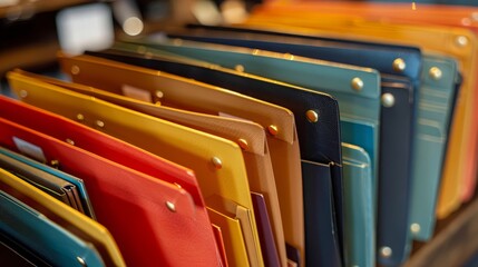 Fototapeta premium A close-up of colorful leather folders stacked on a shelf. The variety of colors and textures create a visually appealing display.