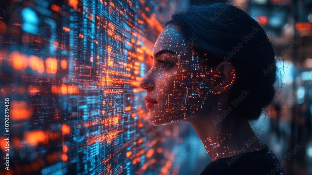 Poster digital shopping ai interacting with vibrant data streams in a futuristic environment