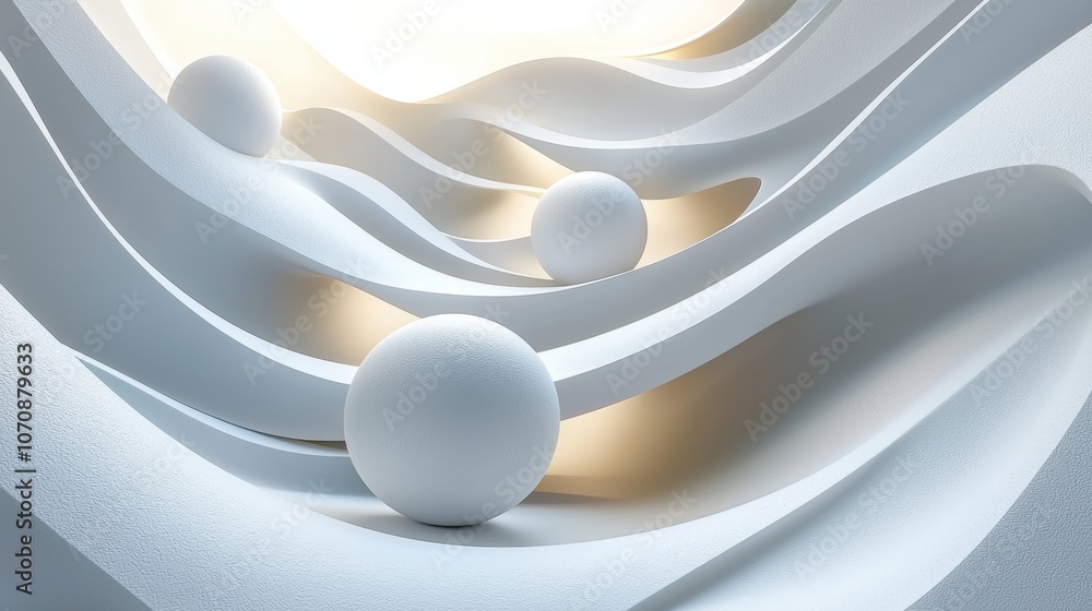 Poster a series of white spheres are arranged in a wave pattern