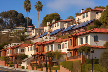 Naklejka premium A stunning row of modern houses with solar panels nestled on a hillside, surrounded by lush greenery and palm trees, showcasing sustainable living in architecture.